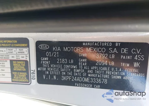 2021 Kia Forte Lxs z USA, uszkodzony, nr VIN 3KPF24AD0ME333678